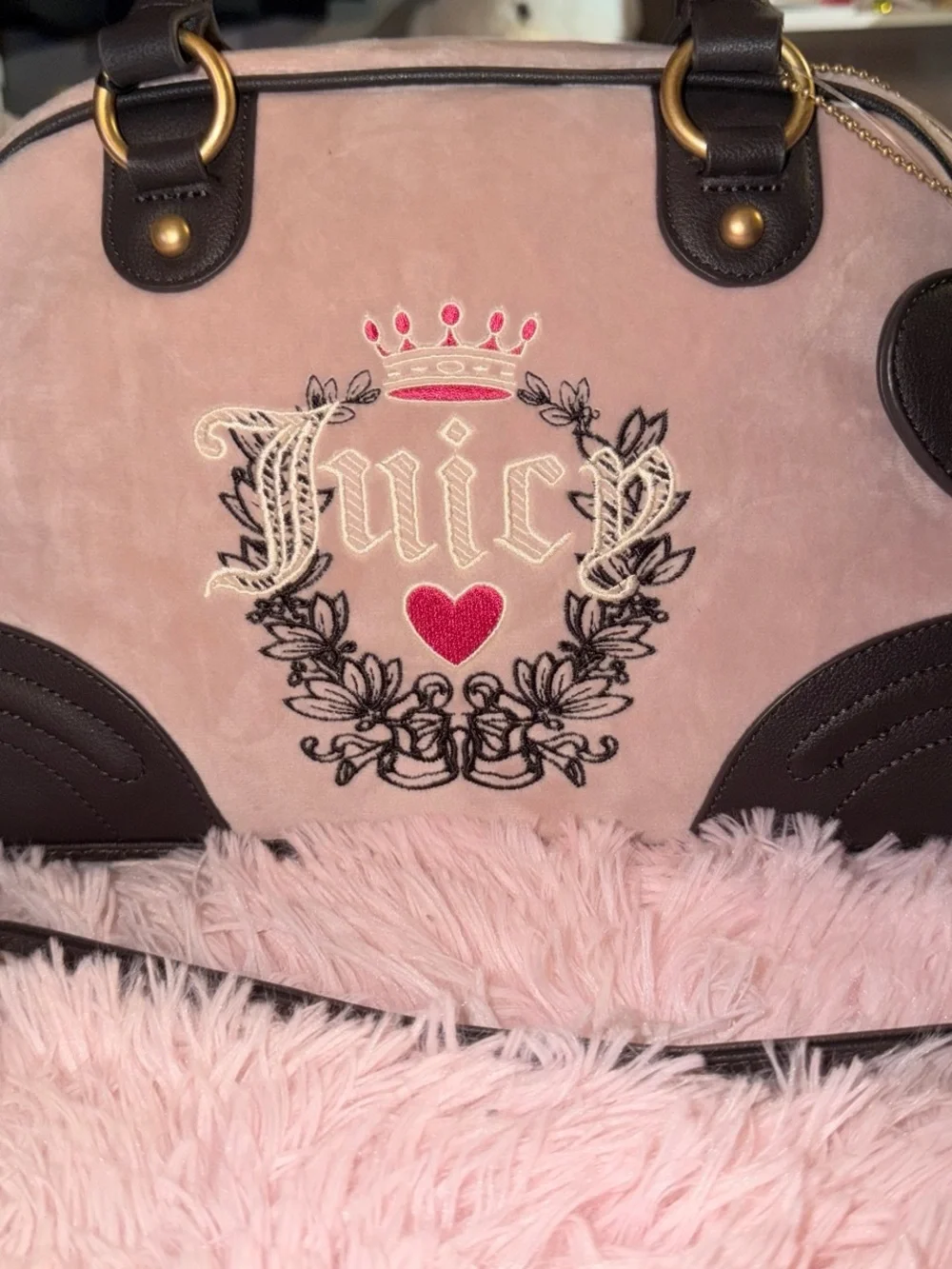 Juicy Couture Light Pink Velour Satchel with Brown Trim and Embroidered Crest